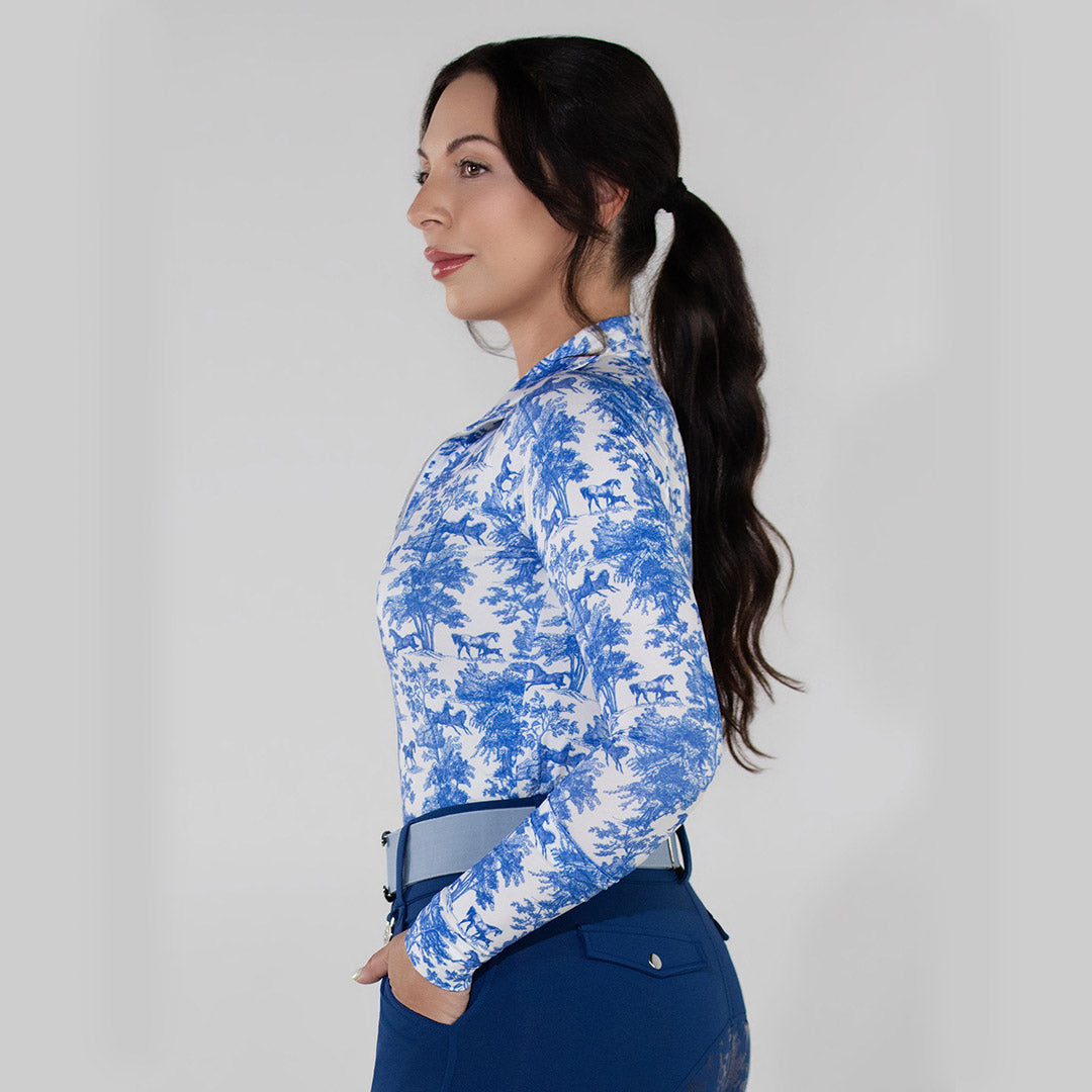 Dapplebay Equestrian Toile 1/4 Zip Light Riding Top - Long Sleeve-Blue/White