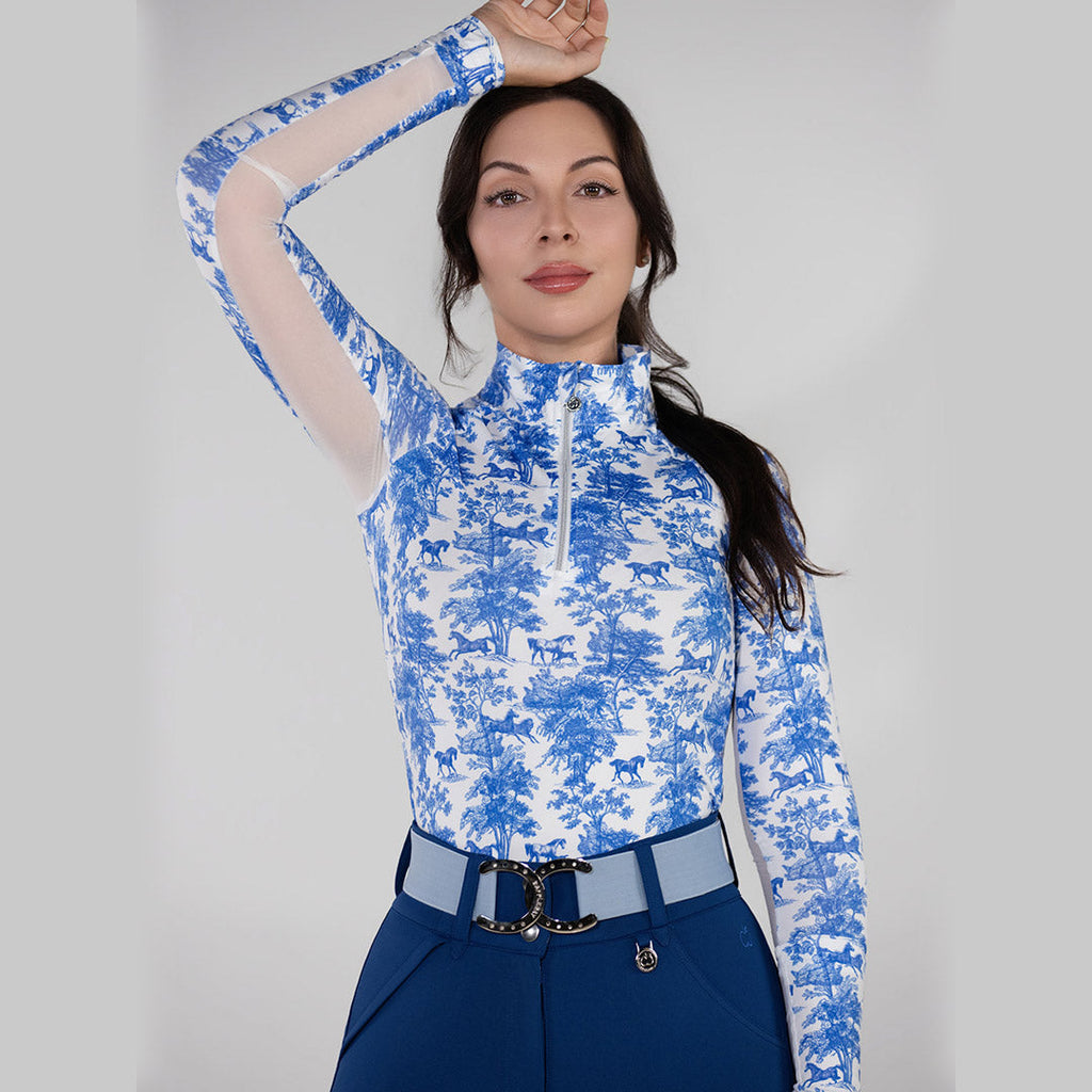 Dapplebay Equestrian Toile 1/4 Zip Light Riding Top - Long Sleeve-Blue/White