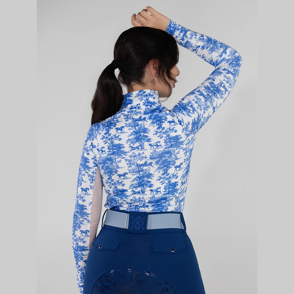 Dapplebay Equestrian Toile 1/4 Zip Light Riding Top - Long Sleeve-Blue/White