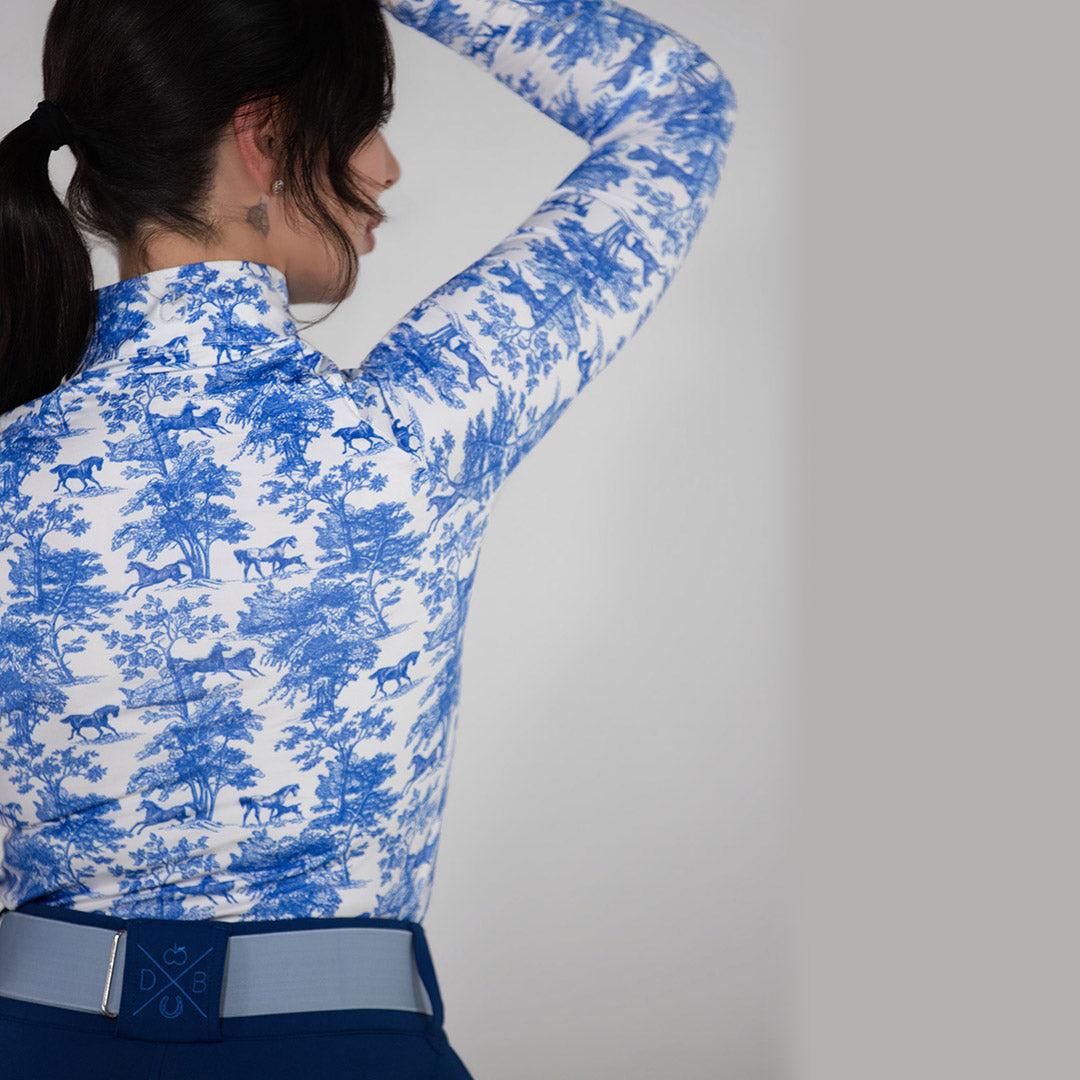 Dapplebay Equestrian Toile 1/4 Zip Light Riding Top - Long Sleeve-Blue/White