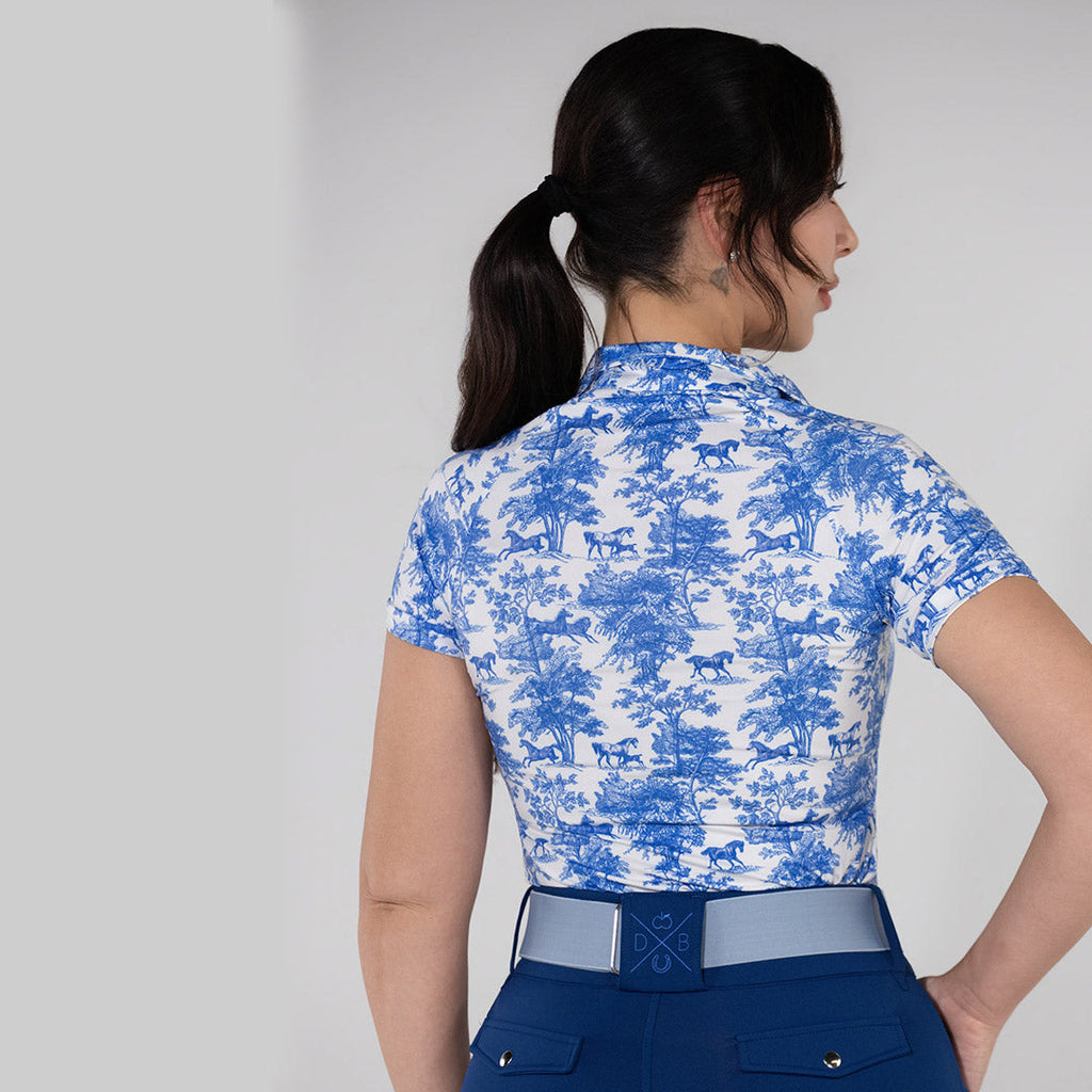 Dapplebay Equestrian Toile 1/4 Zip Light Riding Top - Short Sleeve-Blue/White