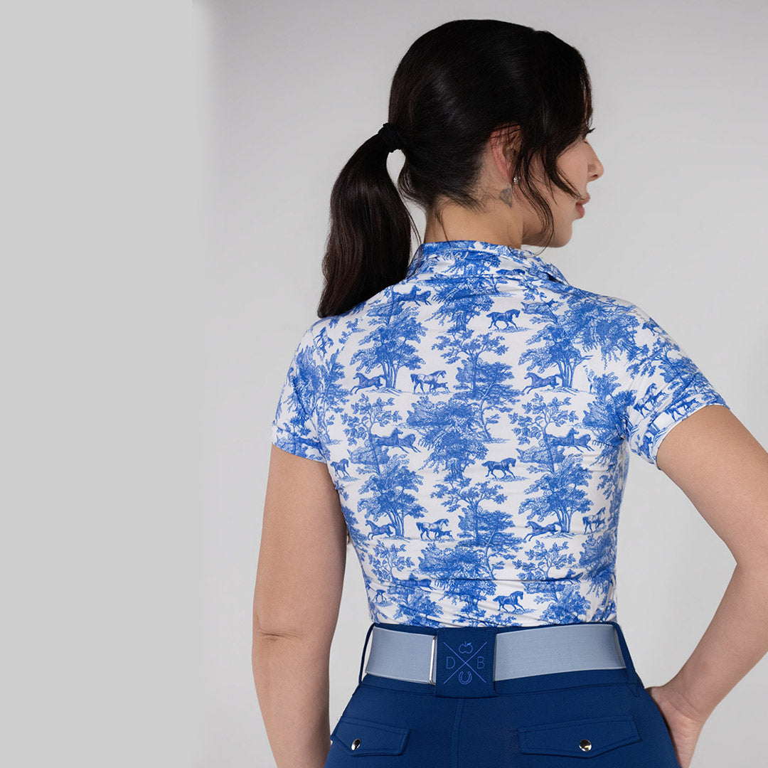 Dapplebay Equestrian Toile 1/4 Zip Light Riding Top - Short Sleeve-Blue/White