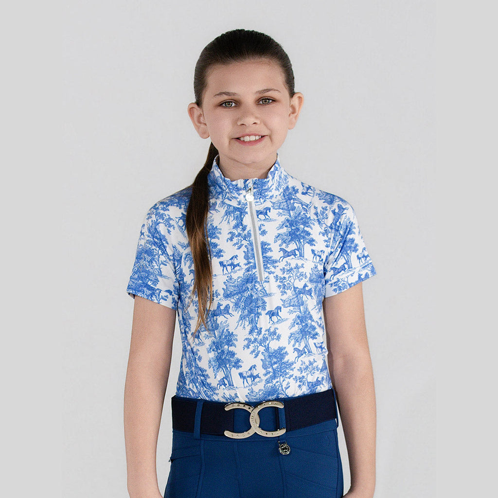 Dapplebay Kids Blue Equestrian Toile 1/4 Zip - Short Sleeve