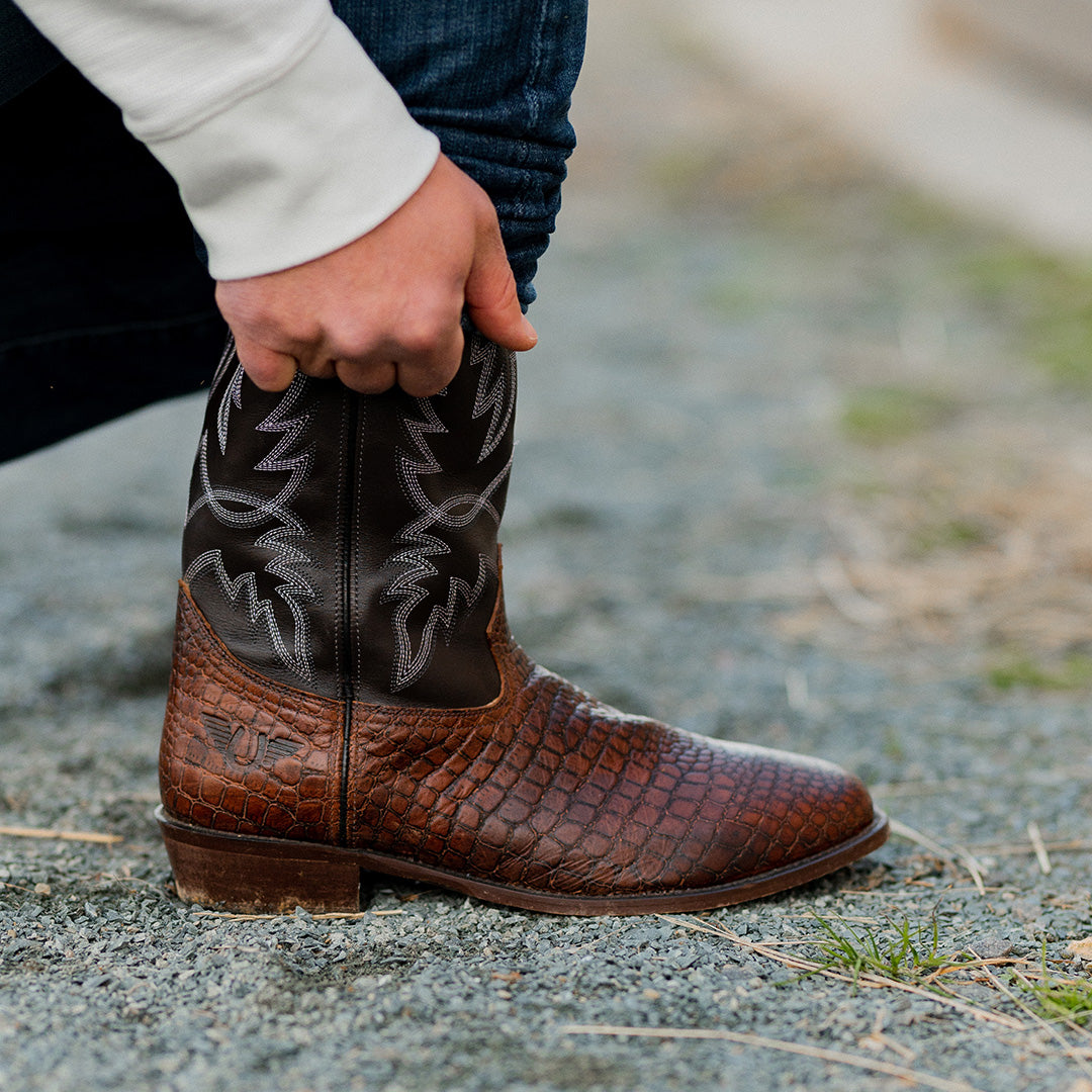 TuffRider Men's Grant Leather Printed Wide Square Toe Western Boots